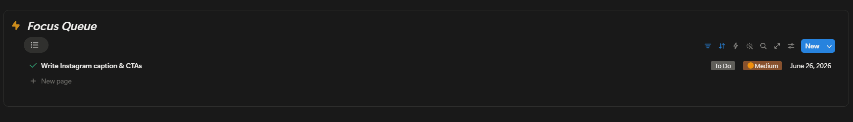 Creator Forge Focus Queue showing a task sorted by priority and due date
