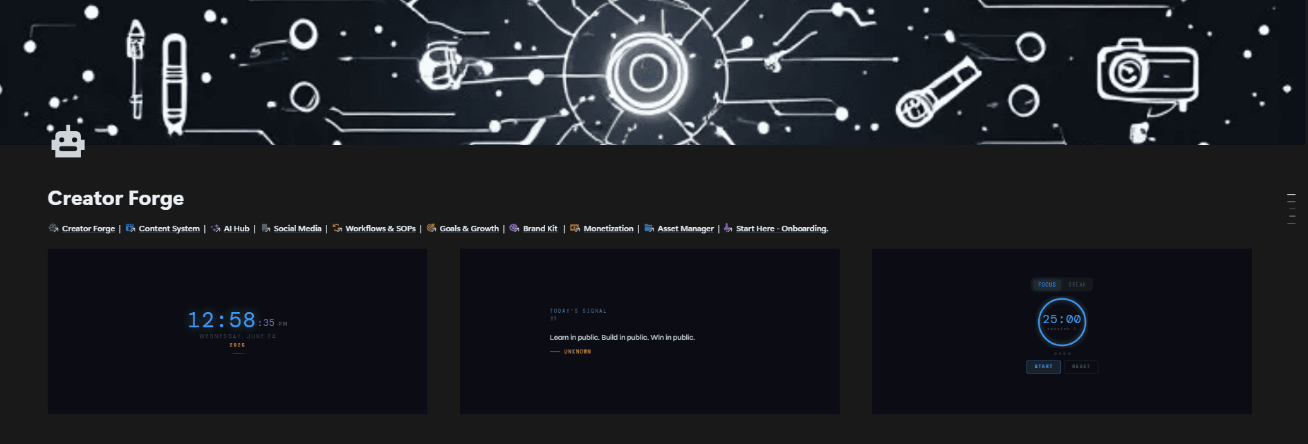 Creator Forge main dashboard with live clock, daily quote, and Pomodoro timer widgets running at the top