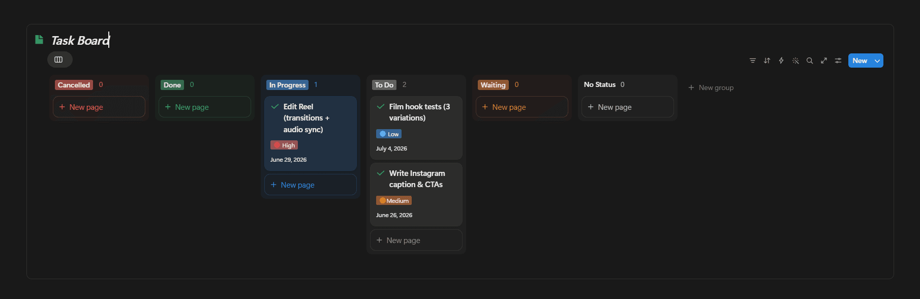 Creator Forge Task Board with tasks grouped by status in a kanban layout